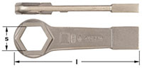 Close-up of box-end striking wrench, six points, showing detailed AMPCO markings and size specifications on its handle.
